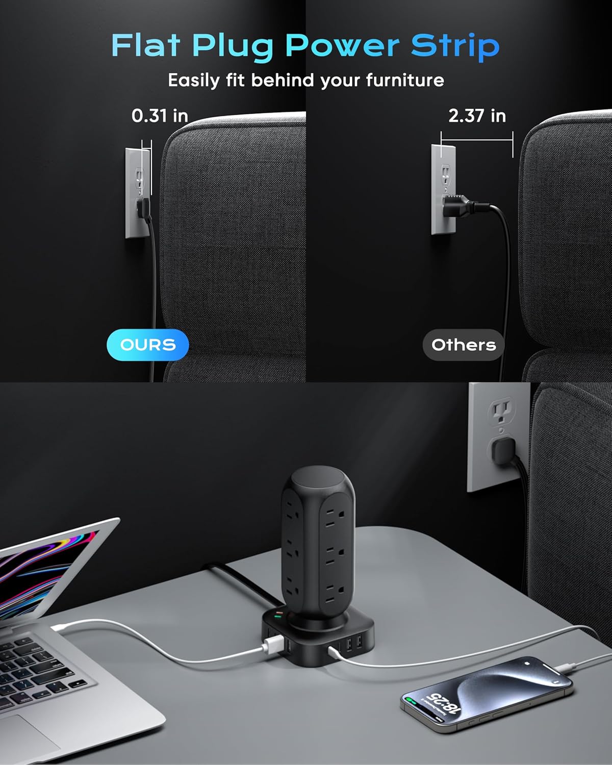 Flat Plug Power Strip Tower 10FT, 40W Total Fast Charging Station, Dual PD 20W USB-C Surge Protector with 12 AC Outlets and 8 USB Ports (4 USB C), Long Extension Cord for Home Office Dorm Room