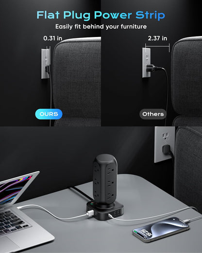 Flat Plug Power Strip Tower 10FT, 40W Total Fast Charging Station, Dual PD 20W USB-C Surge Protector with 12 AC Outlets and 8 USB Ports (4 USB C), Long Extension Cord for Home Office Dorm Room