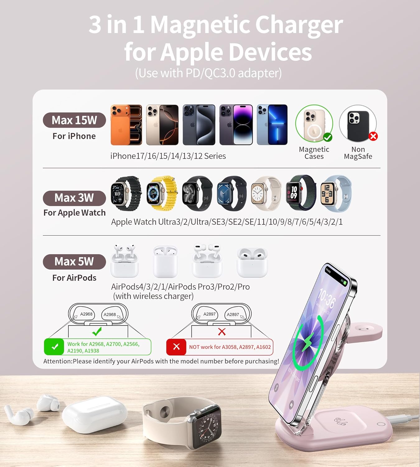 3 in 1 Magnetic Wireless Charging Station for Apple Devices, Fast Foldable Travel Mag-Safe Charger Stand with Night Light for iPhone 17 16 15 14 13 12 Series, Apple Watch/AirPods Pro, BU