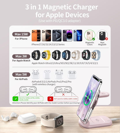 3 in 1 Magnetic Wireless Charging Station for Apple Devices, Fast Foldable Travel Mag-Safe Charger Stand with Night Light for iPhone 17 16 15 14 13 12 Series, Apple Watch/AirPods Pro, BU
