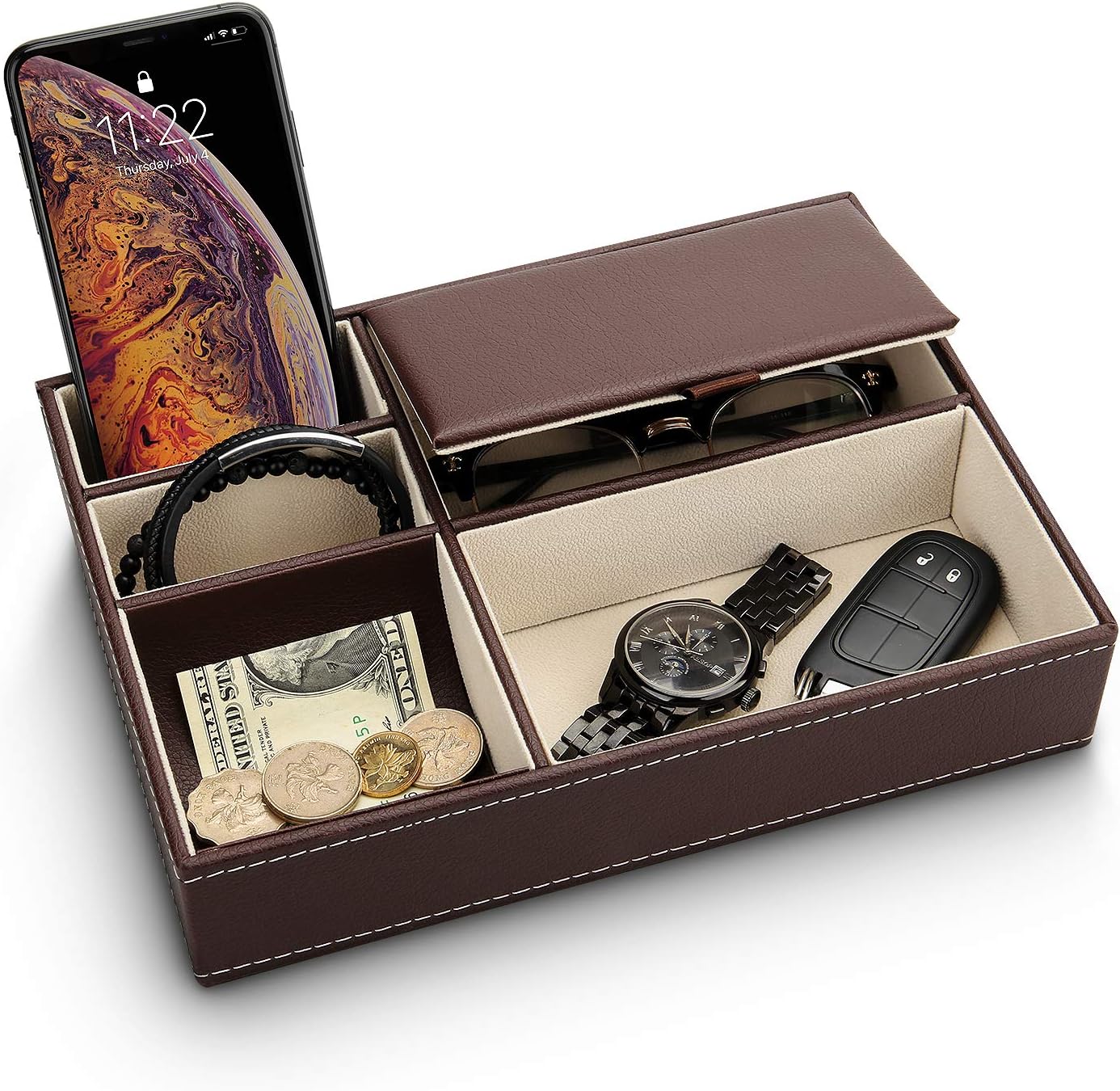 Baoyun Mens Valet Tray Organizer, Mens Jewelry Box, Nightstand Organizer for Men with 5 compartments, Faux Leather Key Tray for Entryway Table, Bedside Storage for Watch, Coin, Phone Gifts for Men