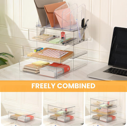 LALOBLUE Acrylic Desk Organizer with Drawer and Vertical File Holder, Desk Organizers and Accessories, Multi-Functional Office Supplies Organizer for Home or Work Desk, White