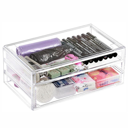 Cq acrylic Drawer Organizer with 3 Long Drawers,Stacking Office Supply Organizer and Desk Pen Storage and Stationary Organizer,Clear Makeup Storage Organizer for Palettes,Cosmetic, Beauty for Vanity
