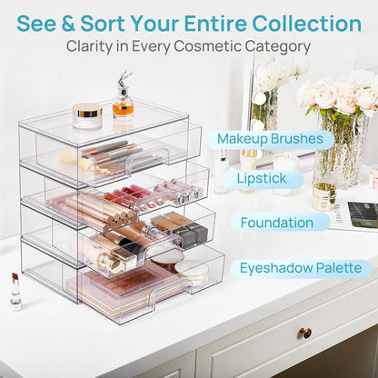 Vtopmart 12.1''W Clear Stackable Storage Drawers,2 Pack Acrylic Plastic Organizers Bins for Makeup Palettes, Cosmetics, and Beauty Supplies,Ideal for Vanity, Bathroom,Cabinet,Desk Organization