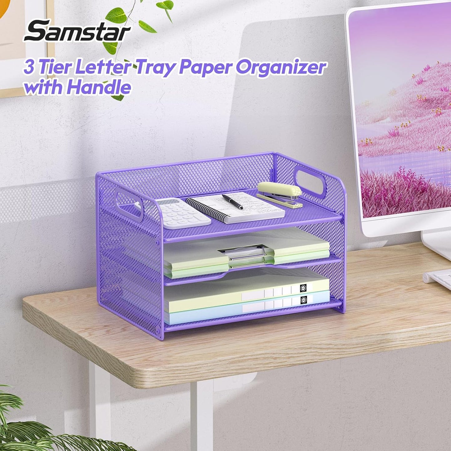 Samstar 3 Tier Letter Tray Paper Organizer with Handle, Mesh Desk Organizer Paper Sorter File Rack Shelves, Black