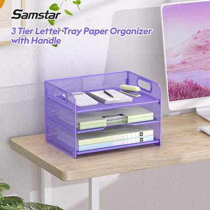 Samstar 3 Tier Letter Tray Paper Organizer with Handle, Mesh Desk Organizer Paper Sorter File Rack Shelves, Black