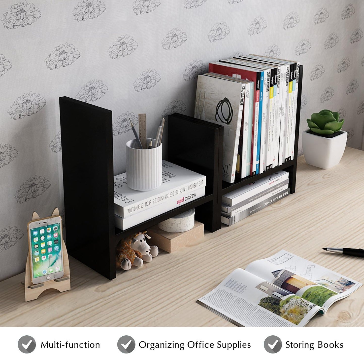 Jerry & Maggie Desktop Organizer Office Storage Rack Adjustable Wood Display Shelf Free Style Double H, Multi-Functional Mini Bookshelf for Desk Natural Stand (Natural Wood Tone)