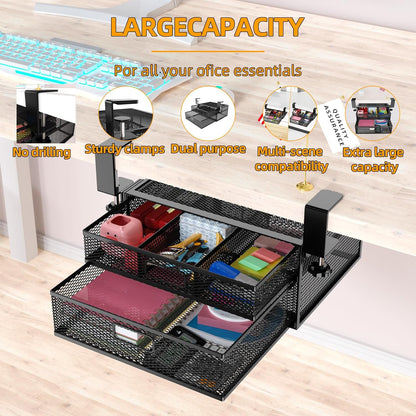 Under Desk Drawer Organizer No Drilling 2 Slide Out Drawer Under Desk Storage Drawer Clamp On Under Desk Management Drawer Organizer Suitable for Home and Office