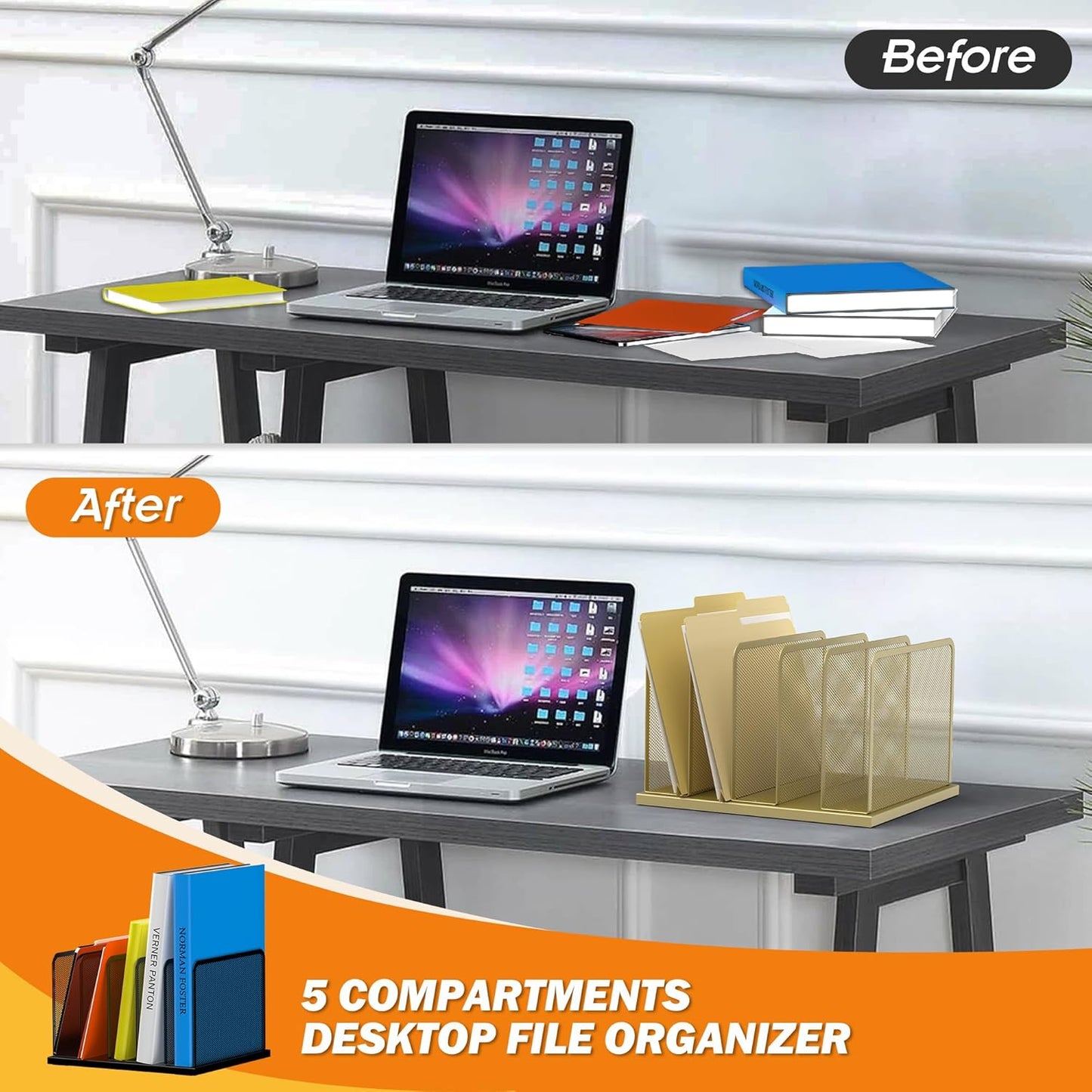 Kuntine.B Desk File Organizer 5 Sections Upright Mesh Desktop Organizer File Sorter Office Organization File Holder for Home, Office & Classroom