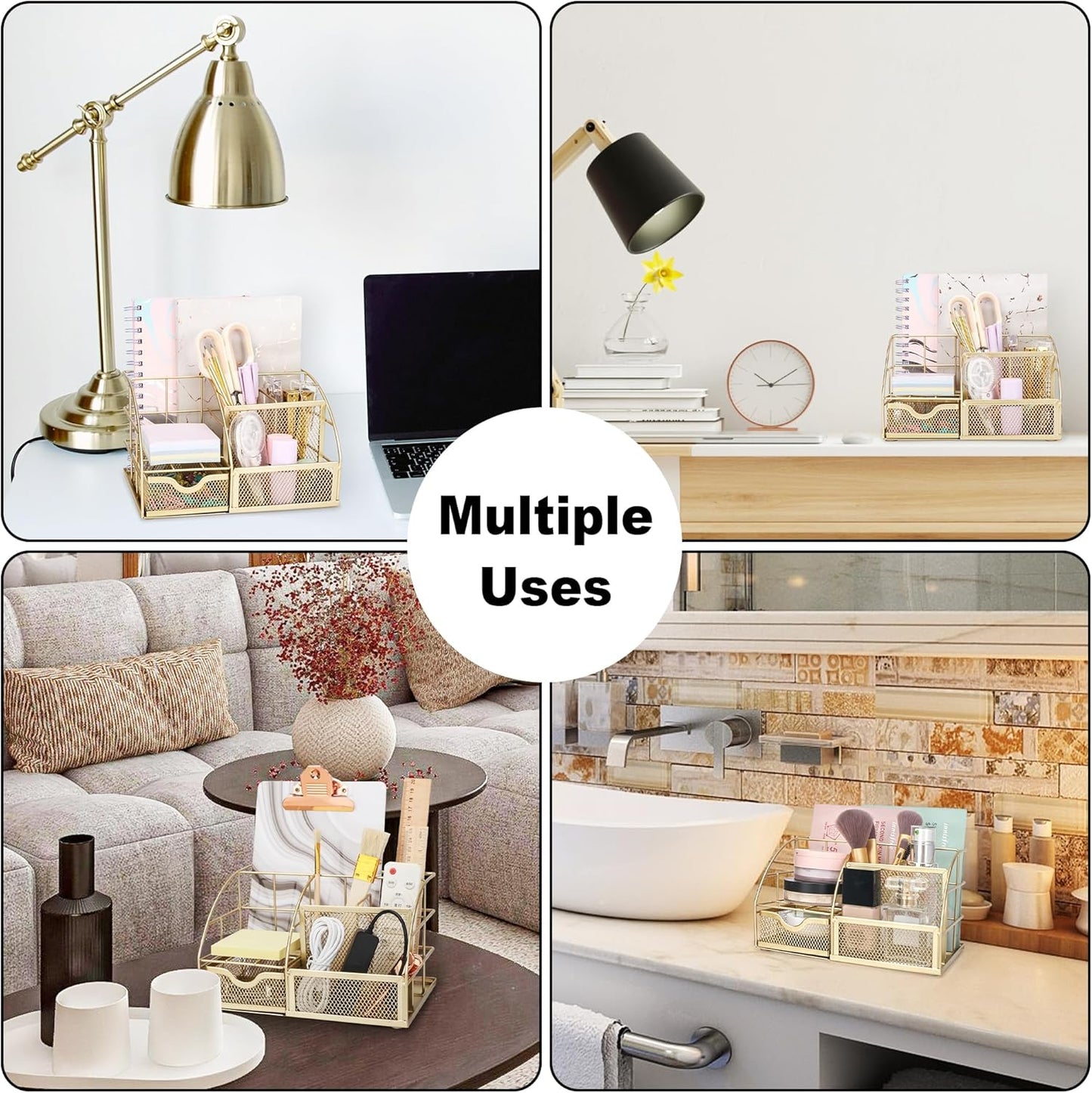Exerz Desk Organizer Golden Office Desk Accessories Supplies Office Storage Desktop Pencil Pen Holder with Drawer Home Workspace