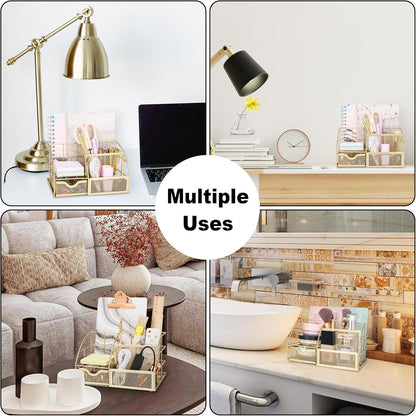 Exerz Desk Organizer Golden Office Desk Accessories Supplies Office Storage Desktop Pencil Pen Holder with Drawer Home Workspace