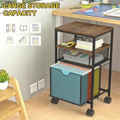 BOHDK Rolling File Cart with 2 Storage Drawers, Wood & Mesh Hanging File Folder Organizer with Wheels Under Desk, File Cabinets for Home Office, 14.7" L x 11.8" D x 25.3" H