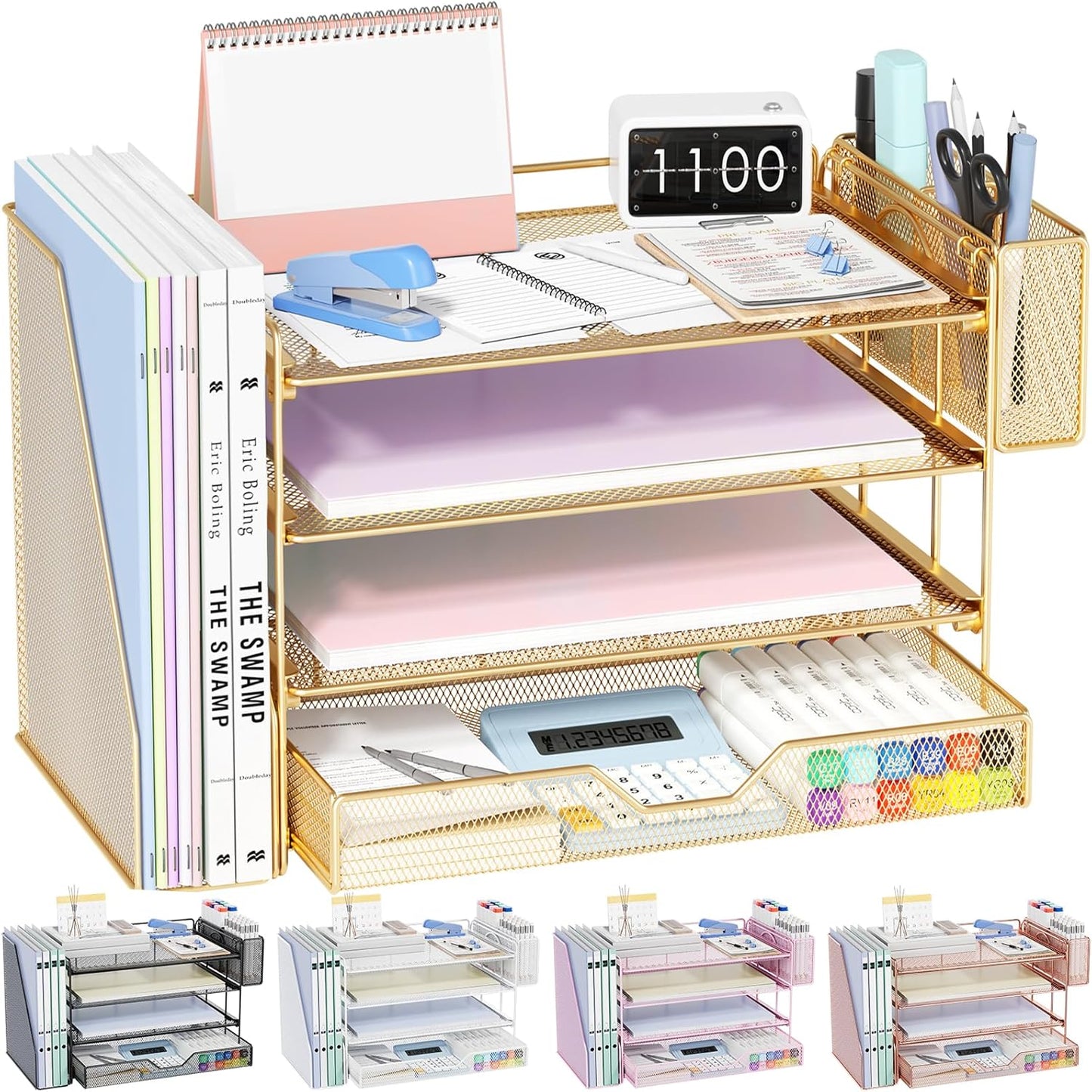 OPNICE Desk Organizers and Accessories, 4-Tier Office Desk Accessories & Workspace Organizers with Drawer and Pen Holder, Desktop Paper Tray File Organizer for Home Office Supplies, Gold