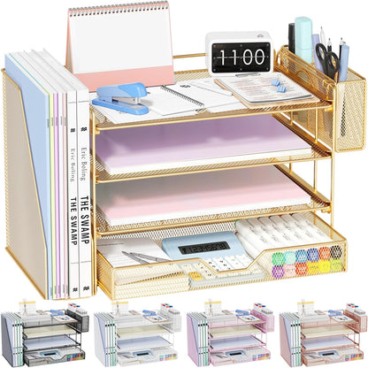OPNICE Desk Organizers and Accessories, 4-Tier Office Desk Accessories & Workspace Organizers with Drawer and Pen Holder, Desktop Paper Tray File Organizer for Home Office Supplies, Gold