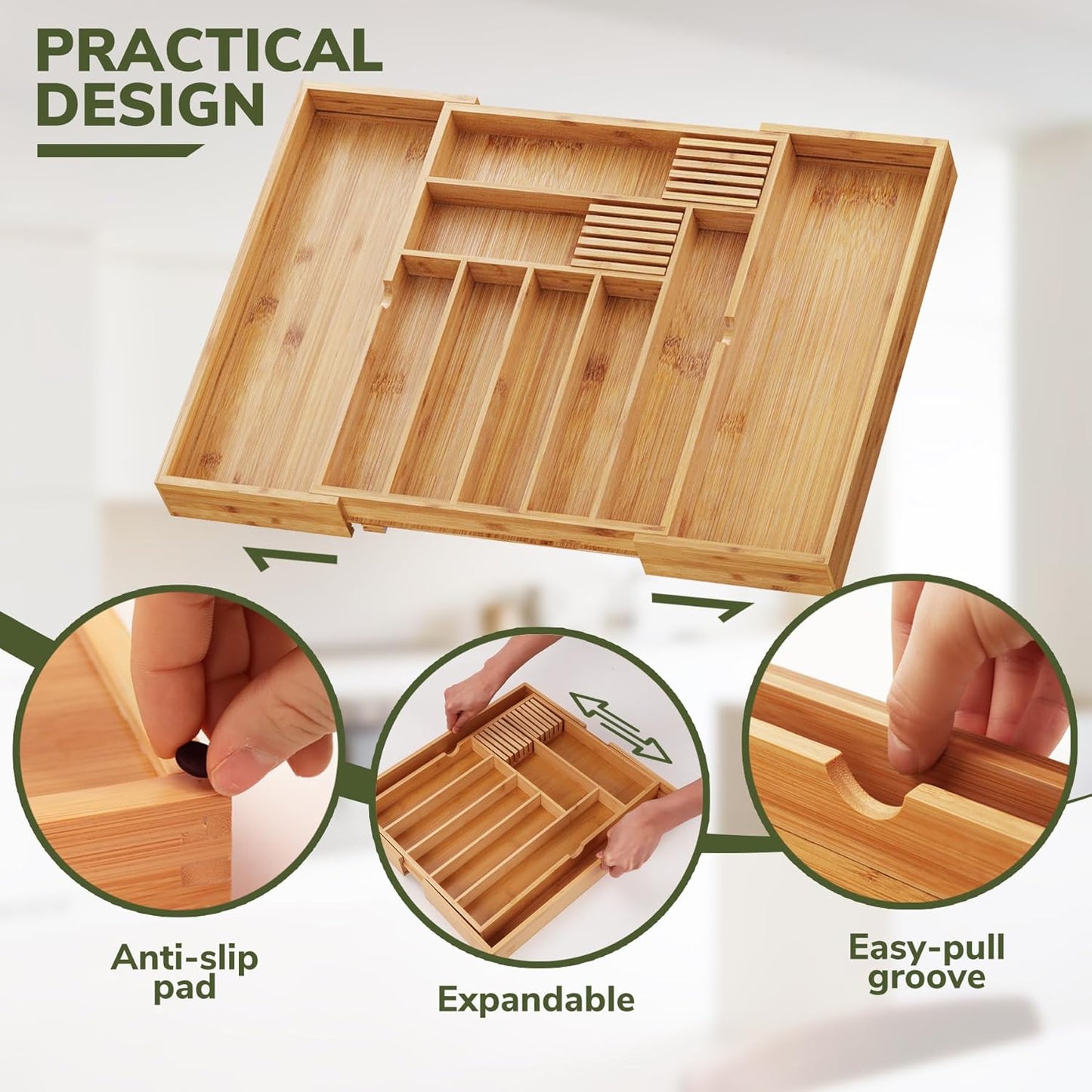 BAMEOS drawer organizer flatware organizer cutlery tray silverware organizer expandable adjustable bamboo drawer organizer kitchen bathroom