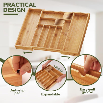 BAMEOS drawer organizer flatware organizer cutlery tray silverware organizer expandable adjustable bamboo drawer organizer kitchen bathroom