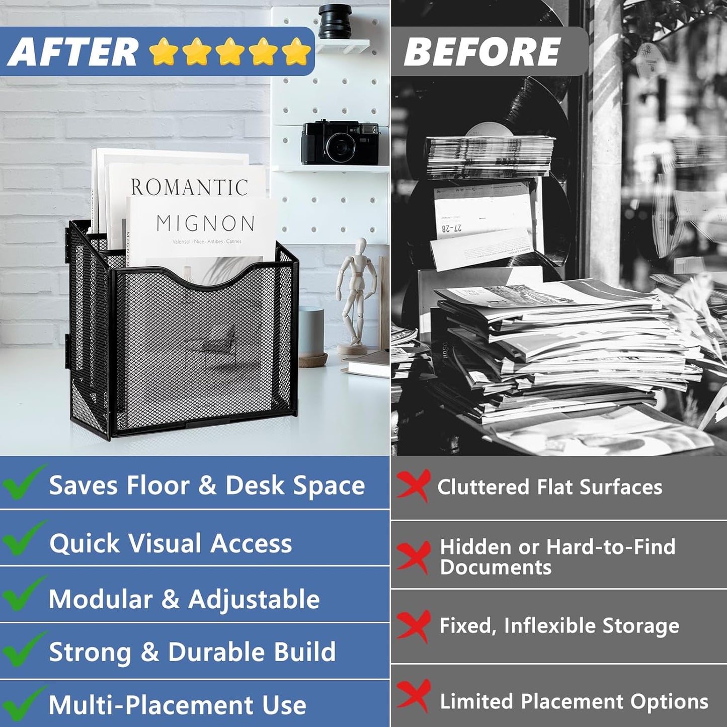 Vertical Triple File Folder Holder 9.8 In Magazine Holder Wall Mount & Desktop 3 Tier Vertical Desk Organizer Pocket File Holder Sorter Magazine Storage Rack For Office Home Organization Wall Door