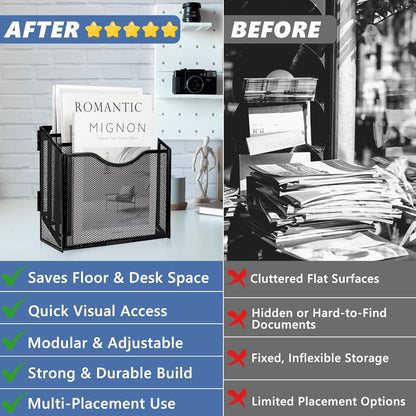 Vertical Triple File Folder Holder 9.8 In Magazine Holder Wall Mount & Desktop 3 Tier Vertical Desk Organizer Pocket File Holder Sorter Magazine Storage Rack For Office Home Organization Wall Door