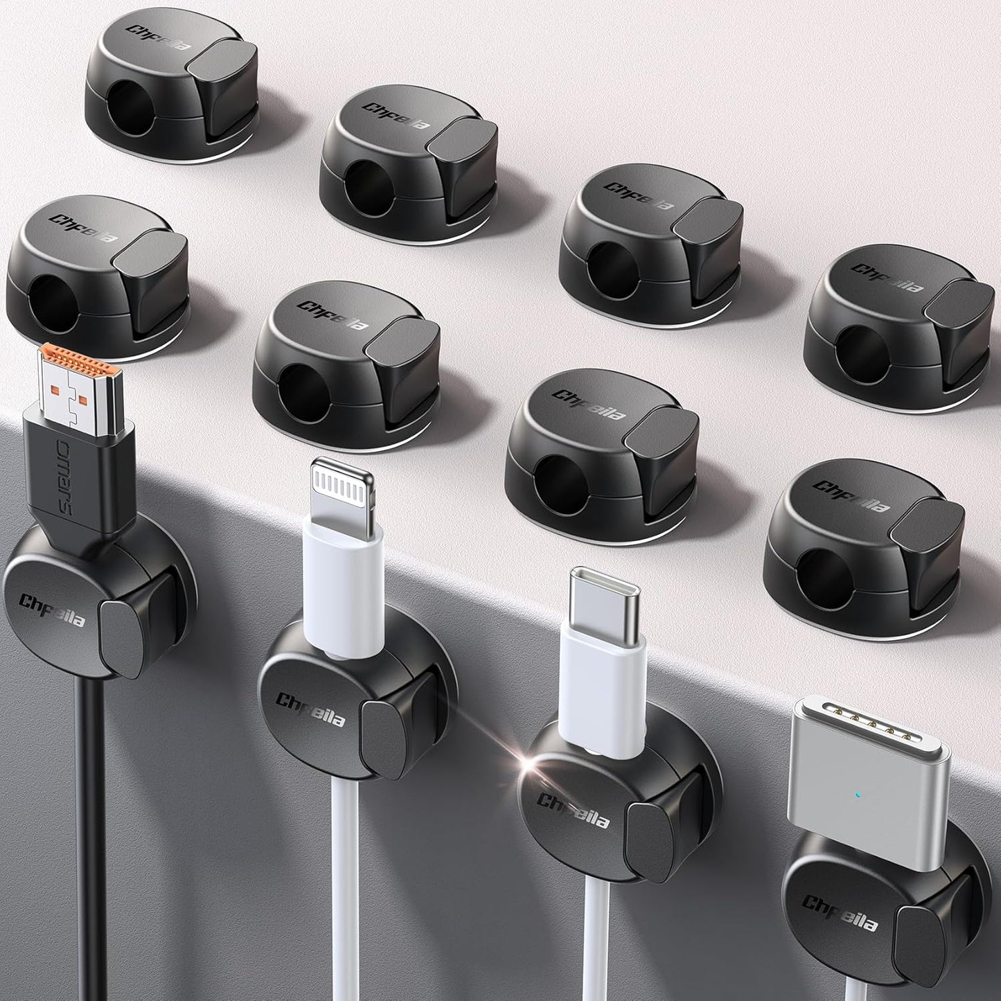 8Pack Cord Organizer [Dual Spring & Clasp, Max Secure] Cable Clips - Chfeila Cable Management, Adhesive Phone Charging Wire Holder for Nightstand/Wall, Home Office Desk Accessories Decor Essentials