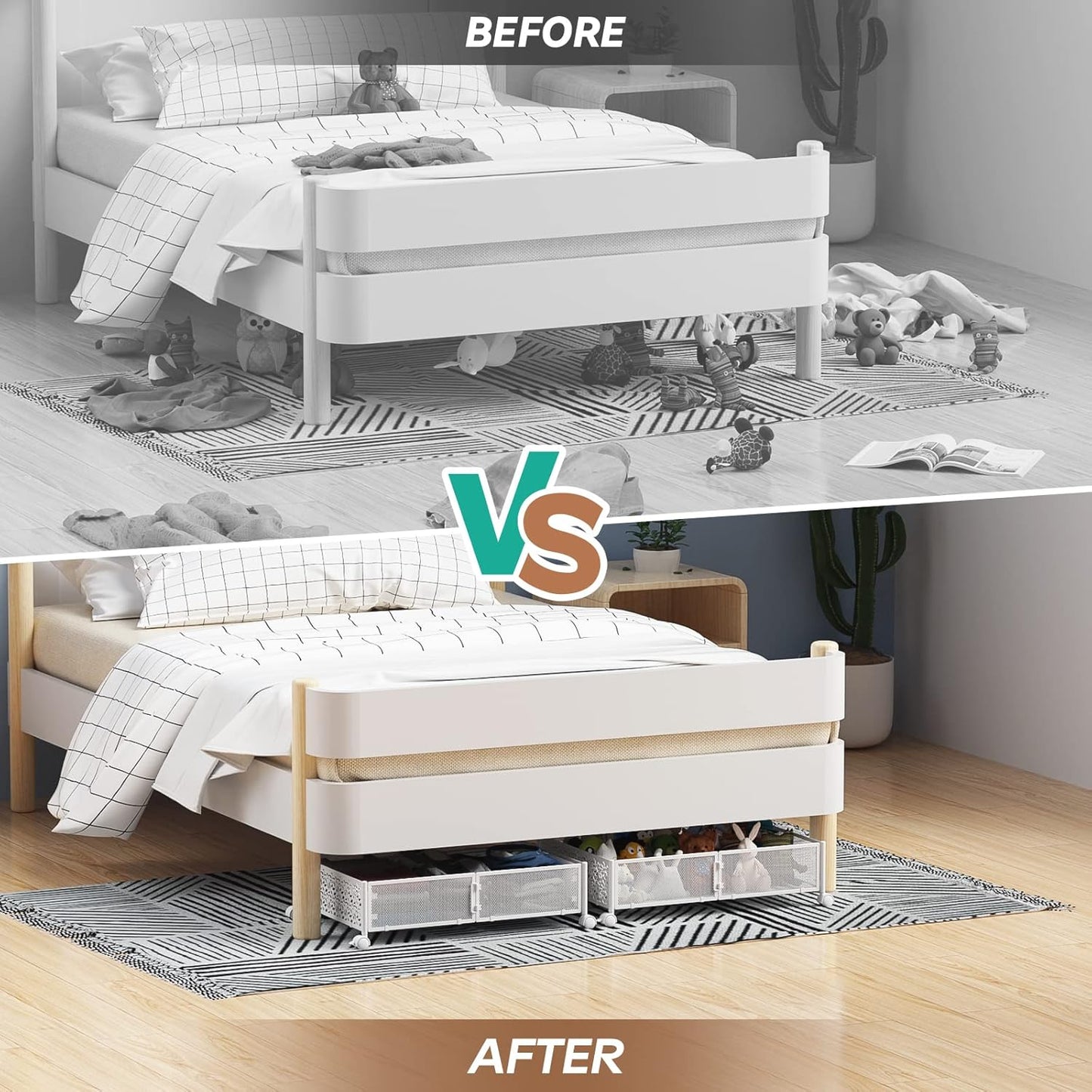 PHINOX Under Bed Storage Containers with Wheels, Under Bed Shoe Storage Organizer Drawer, Tool-free Assembly Metal Storage Containers for Bedroom Clothes Shoes Blankets -2PCK