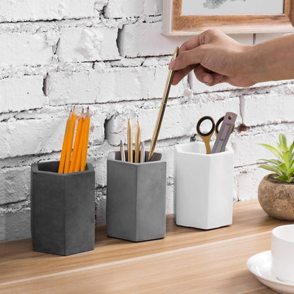 MyGift Pen Holder Pencil Holder For Desk,Pen Cup Holder For Desk,Concrete Desktop Pencil Cup,Modern Gray-Tone,Set of 3