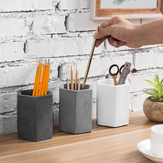 MyGift Pen Holder Pencil Holder For Desk,Pen Cup Holder For Desk,Concrete Desktop Pencil Cup,Modern Gray-Tone,Set of 3