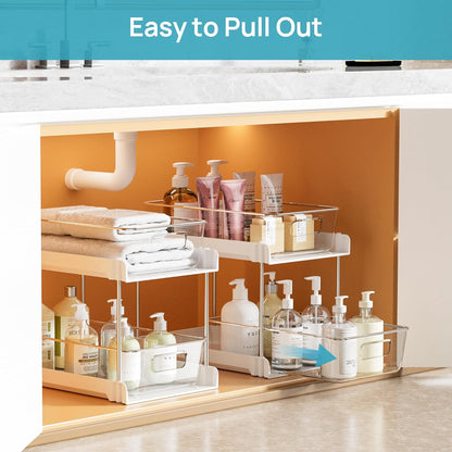 Vtopmart 4 Pack Bathroom Organizer, 2 Tier Clear Under Sink Organizers Vanity Countertop Storage Container,Cabinet Drawers Bins, Pull-Out Organization with Track for Pantry, Kitchen