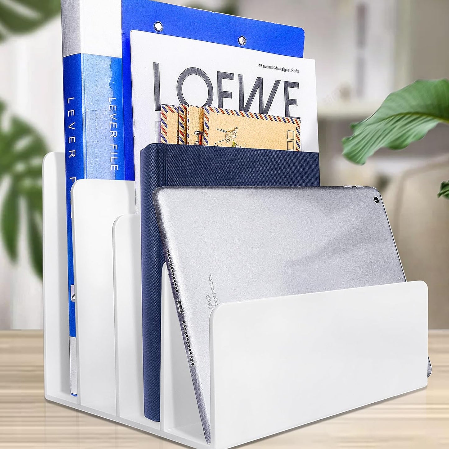 4 Section White Acrylic Desk Organizer and Accessories, Sturdy & Thick Acrylic File Folder Holder Sorter, Office Supplies for Mail, Letters, Paper, Electronics
