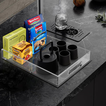 Clear Acrylic Tray with Raised Edges, Multi-Purpose Organizer Tray for Vanity, Bathroom, Kitchen, Countertop, Dresser & Desktop, Waterproof & Scratch-Resistant