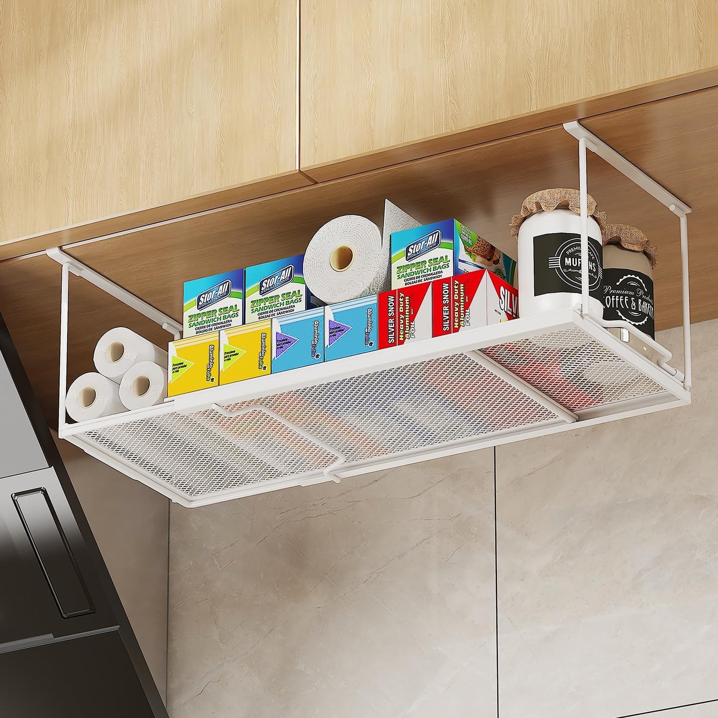 1 Pack Expandable Under Cabinet Shelf, Under Shelf Basket with 0.94 Inches Thick Clips for Kitchen Cupboard, Metal Hanging Under Desk Basket for Laundry Room, Cabinet, Shoe Rack