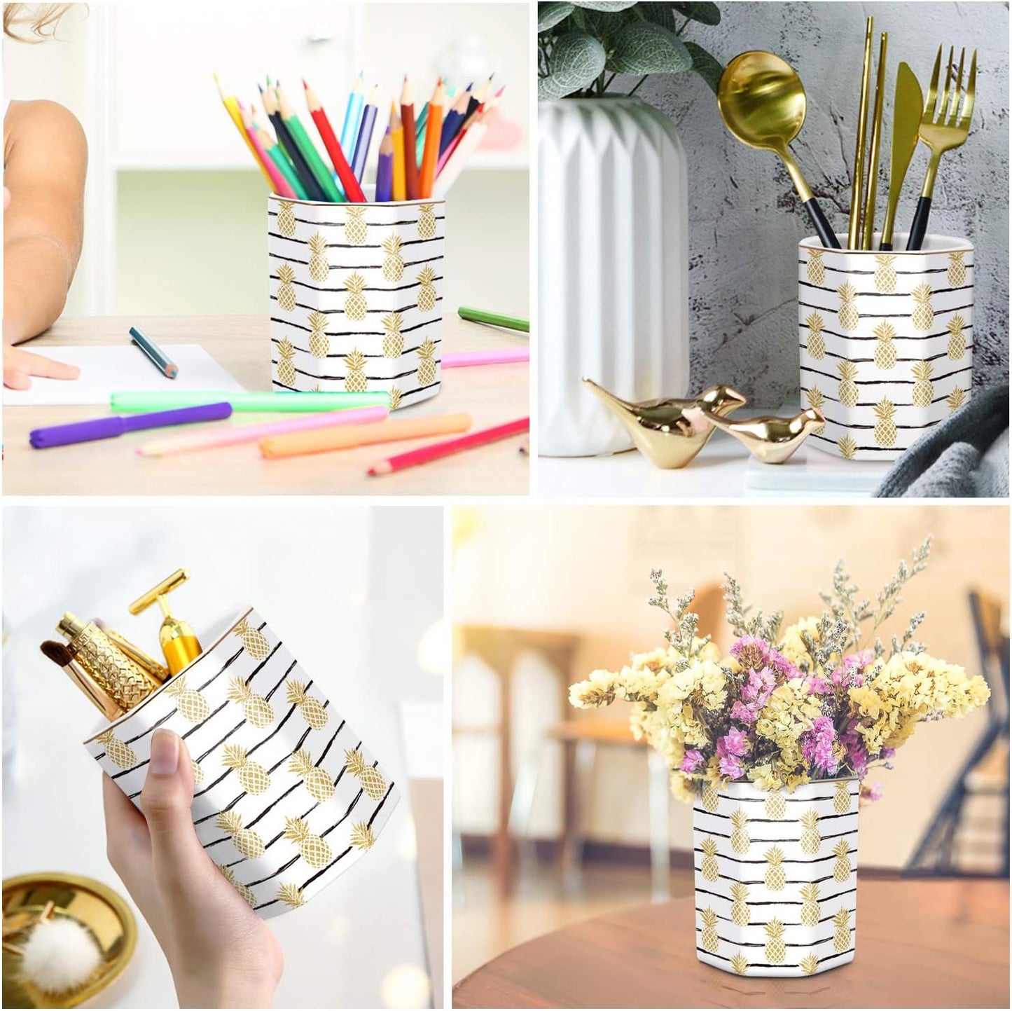 WAVEYU Ceramic Pen Holder for Desk Cute, Pencil Cup Pot Desk Organizer, Makeup Brush Holder for Women, Men, Kids, Desk Marble Decor for Office, Classroom, Home, Gray Golden