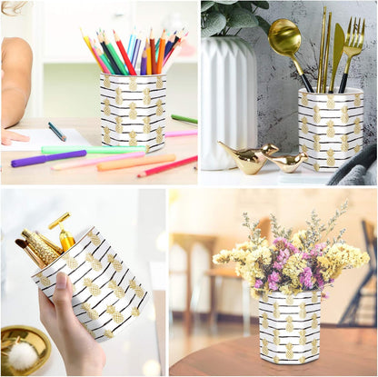 WAVEYU Ceramic Pen Holder for Desk Cute, Pencil Cup Pot Desk Organizer, Makeup Brush Holder for Women, Men, Kids, Desk Marble Decor for Office, Classroom, Home, Gray Golden
