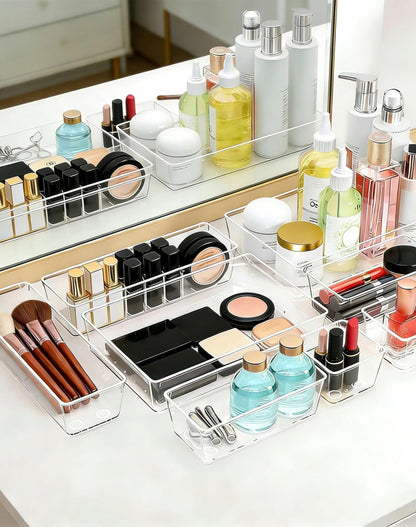 Clear Plastic Drawer Organizers Set of 45 Vanity trays Stackable Storage Bins Dividers Bathroom Organiser Storage Vanity Bins for Makeup, Kitchen Utensils, Jewelries, Office