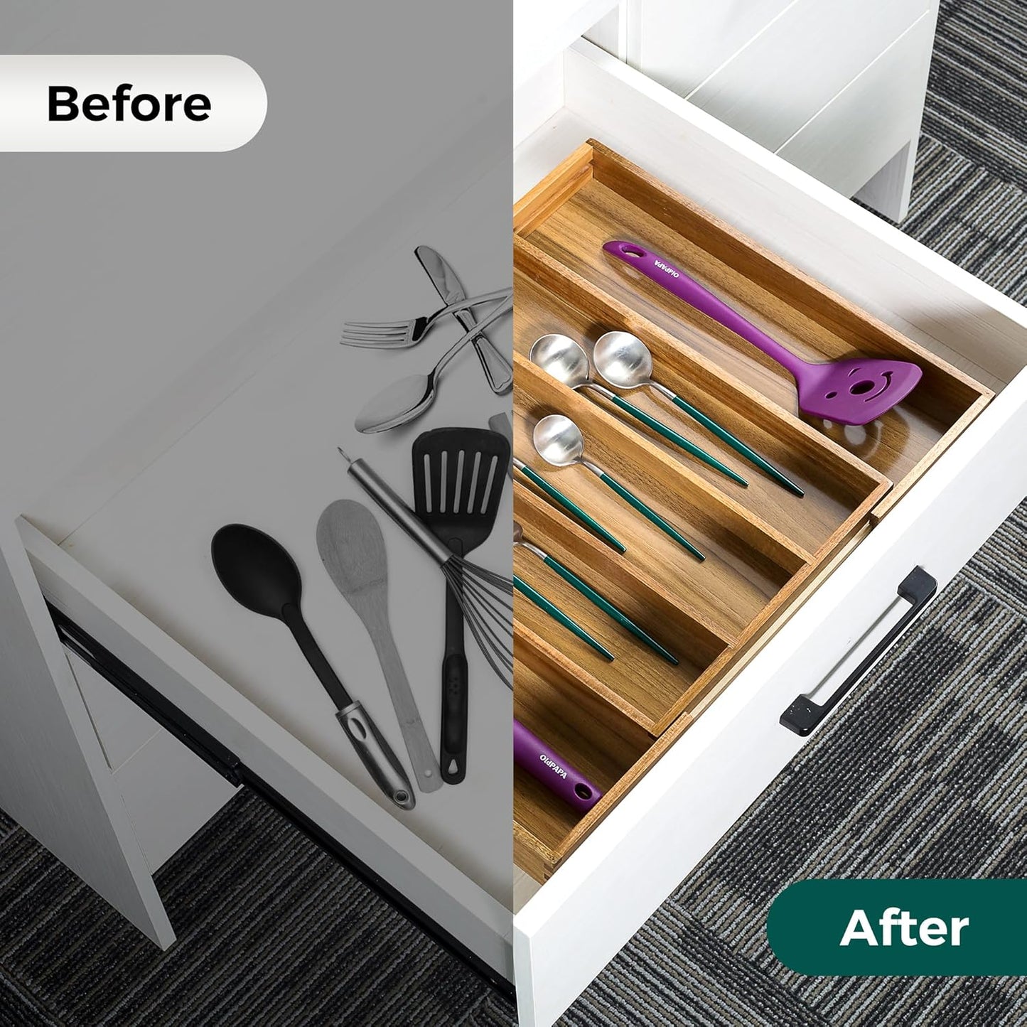 Utoplike Bamboo Expandable Kitchen Drawer Organizer, Adjustable Utensil Holder and Cutlery Tray Organiser, Drawer Divider for Silverware, Flatware, Knives in Kitchen, Bedroom, Living Room, 5 Slot