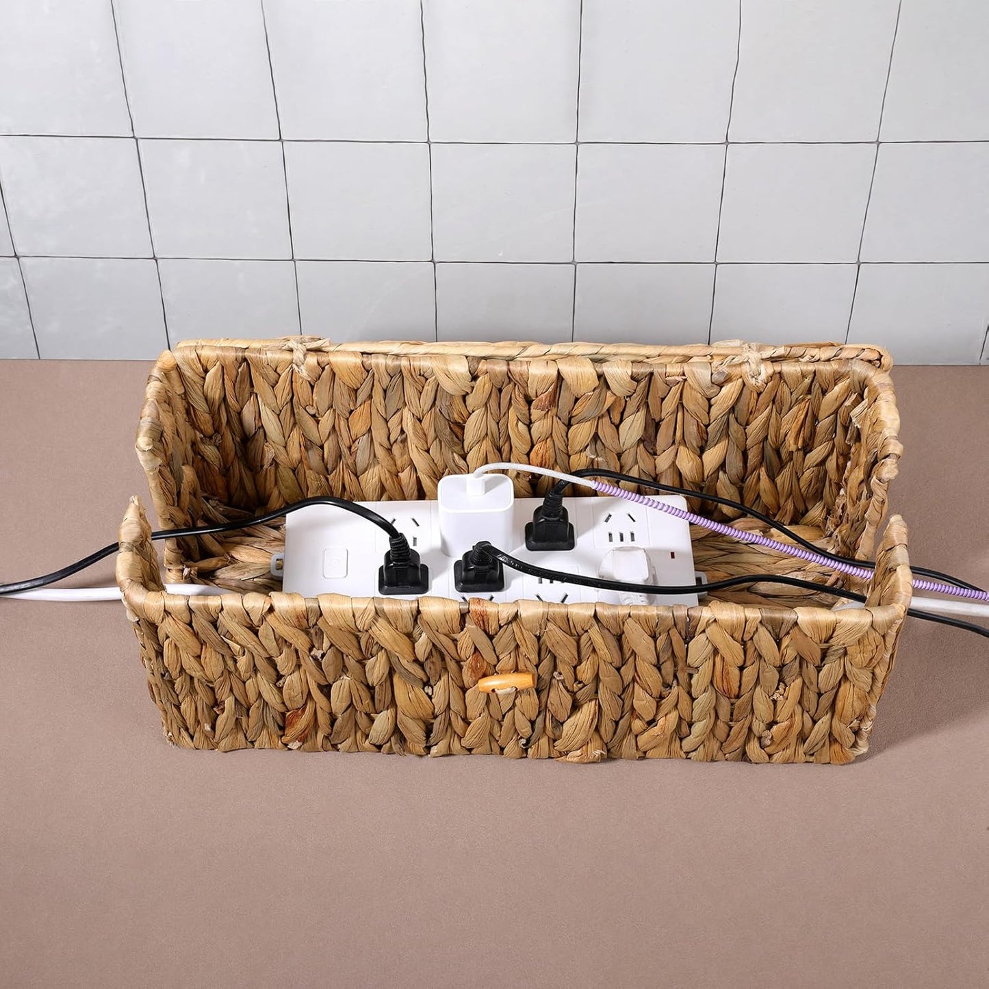 Cable Management Box with Lid 2 Pack Hand-Woven Water Hyacinth Decorative Cord Organizer 2 Side Open Slots Wicker Cable Box to Hide Cords Power Strip for Desk, Floor, Office