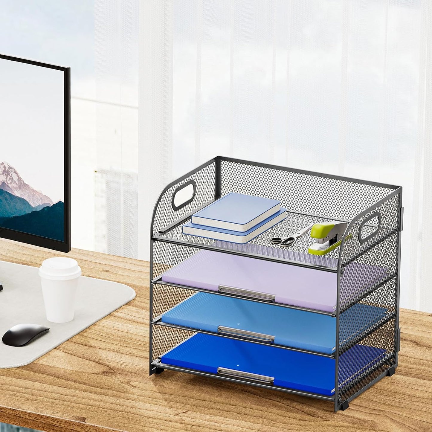 Marbrasse 4 Tier Paper Organizer Letter Tray - Mesh Desk File Organizer with Handle, Paper Sorter Organizer for Letter/A4 Office File Folder Holder (Black, 12.6" x 9.1" x 10.7")