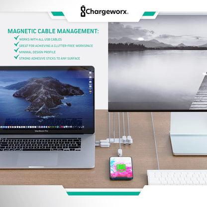 CHARGEWORX Pack of 5 Magnetic Cable Clips, Adhesive Cord Organizer for Desk, Nightstand, Wall or Car, Wire Holder for USB-C, Lightning and Micro-USB Cables