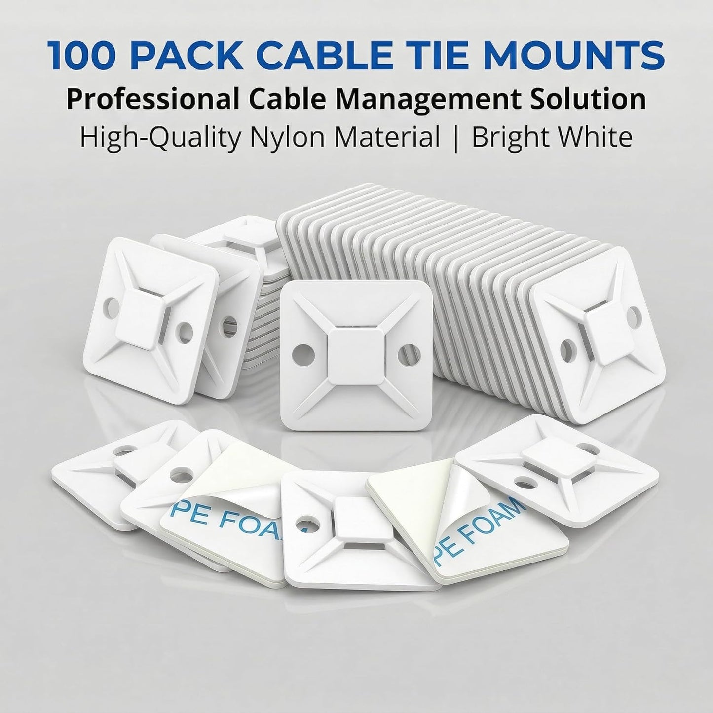 100 PCS 1" Adhesive Cable Tie Mounts – Strong Sticky Back Nylon Wire Holders for Cable Management in Home, Office, Car & Christmas Lights (BLACK-100)