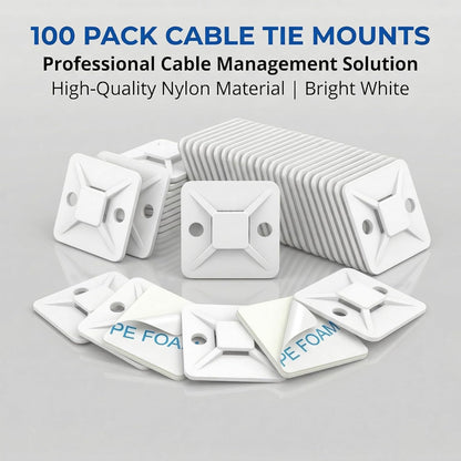 100 PCS 1" Adhesive Cable Tie Mounts – Strong Sticky Back Nylon Wire Holders for Cable Management in Home, Office, Car & Christmas Lights (BLACK-100)