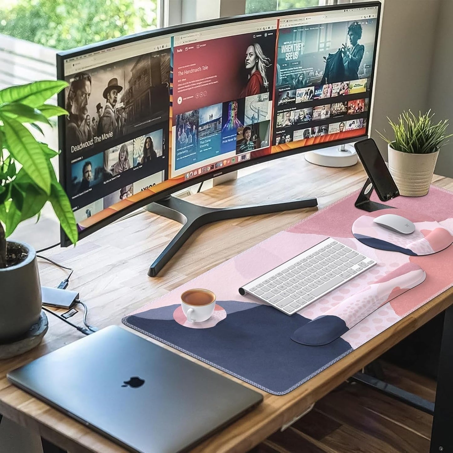 iCasso Desk Mat, Gaming Mouse Pad Wrist Support Set,4in1 XXL Large Mousepad + Keyboard Wrist Rest+Mouse Wrist Rest+Coaster Set with Ergonomic Design for Home Office Table Computer-Penoy