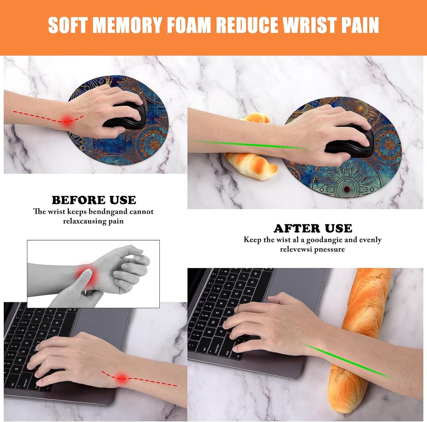 Soft Toast Bread Baguette Shape Anti-Skid Keyboard Wrist Rest Support & Mouse Wrist Support for Office,Computer,Laptop& Mac