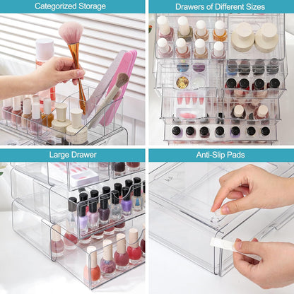 Vtopmart 3 Tier Clear Makeup Organizer with Drawer, Cosmetic Storage for Dresser Countertop and Bathroom Vanity, Beauty Holder for Lipstick Brush Skincare
