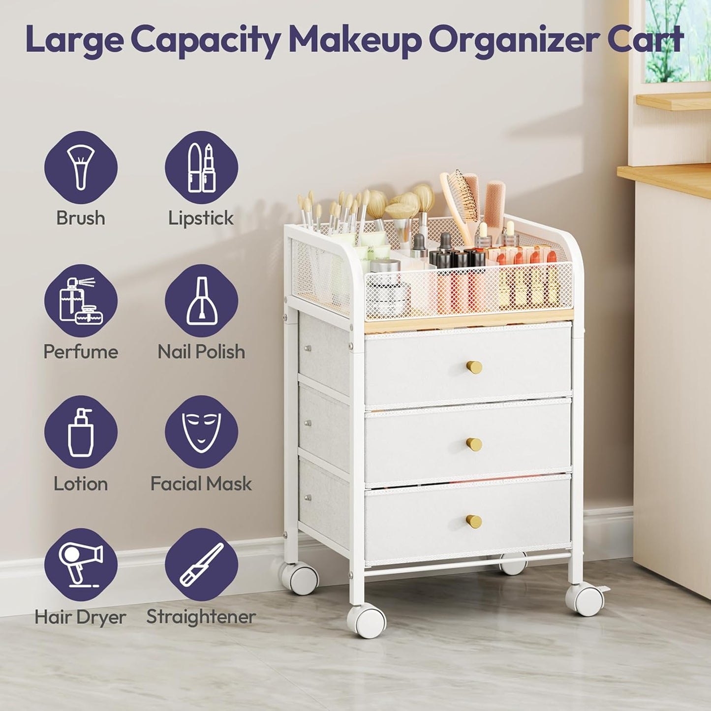 SWTYMIKI Rolling Makeup Organizer Cart - Under Desk Vanity Makeup Storage with 3 Non-woven Drawers, Nail Cart Organizer Cosmetic Display Cases Cabinet for Skin Care Perfume Nail Polish Brush Hair Tool