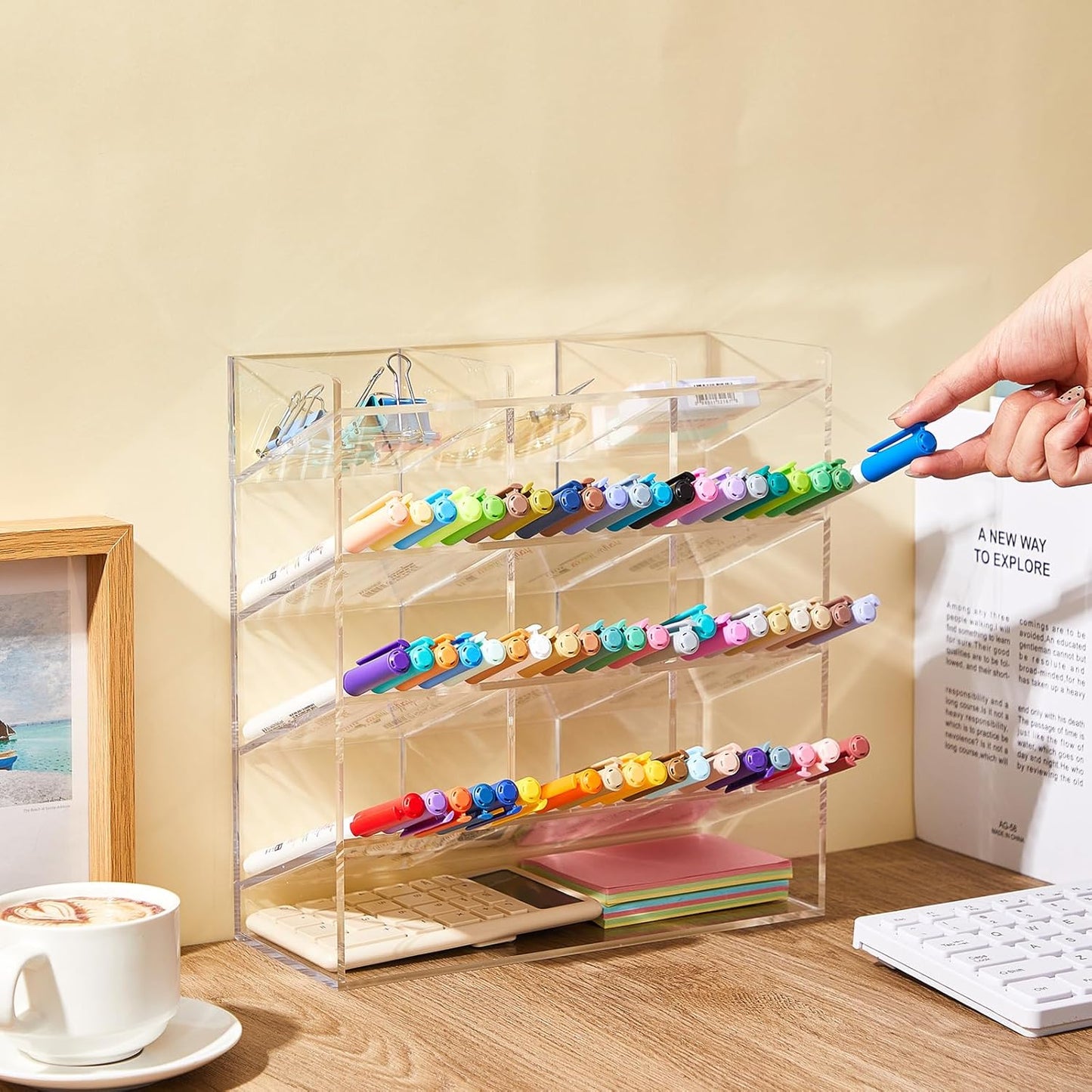 MotiMind Acrylic Pen Organizer Storage for 250 Markers Vertical Marker Organizer Acrylic Pen Display Holder for Office Desk Desktop Stationery Pencil Storage, Clear, 13 x 4 x 12.4 Inch