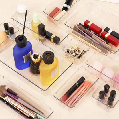 Drawer Organizer with Non-Slip Silicone Pads Set of 15,Clear Plastic Vanity Organizer Storage Bins Containers,4 Size Desk Organizer Tray