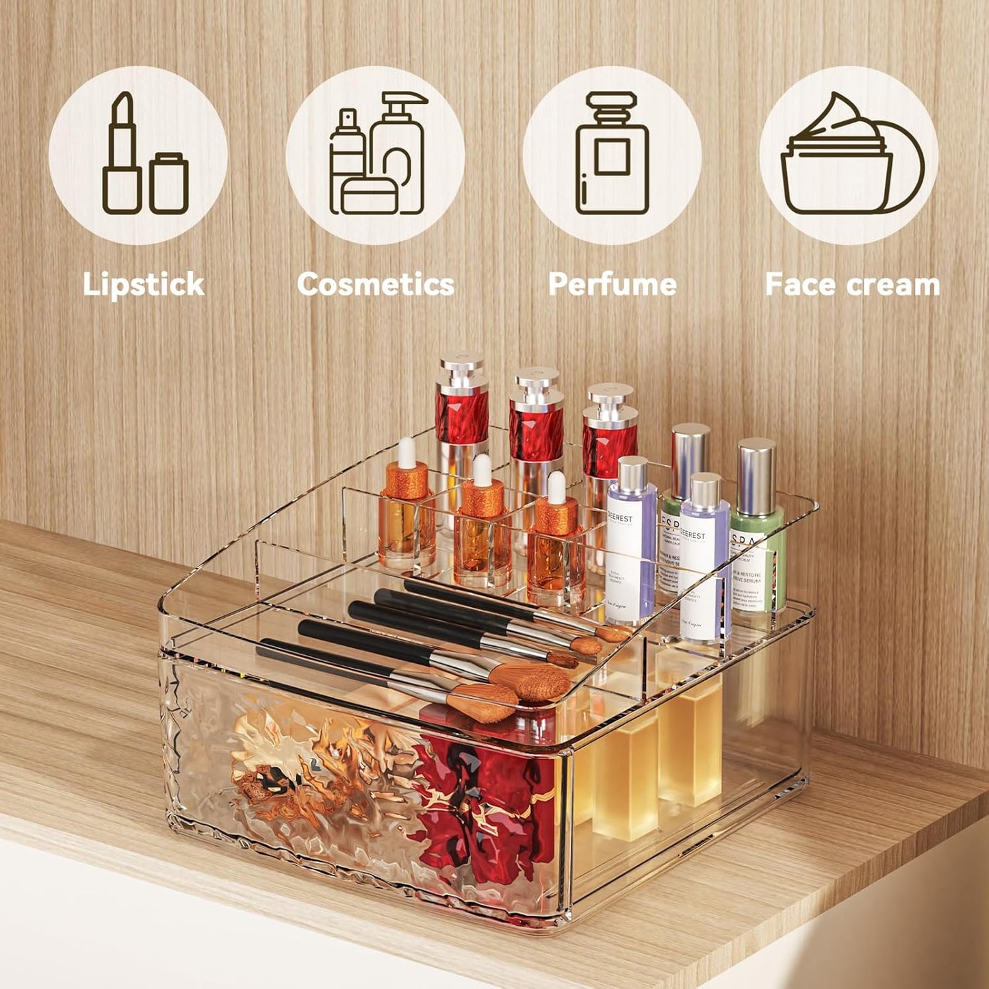 Clear Plastic Countertop Makeup Organizer Compact Rectangular 9-Section Grid with Pull-Out Drawer Dedicated for Brushes, Eyeshadow Palettes & Beauty Supplies