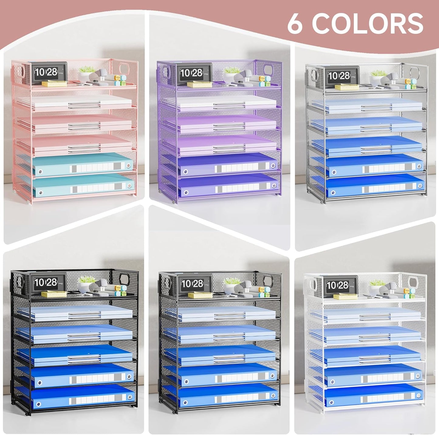 Paper Organizer Letter Tray with Handle, 5-Tier Black Stackable Desk Organizer with Metal Mesh, Sturdy Paper Tray for Office Desk, Home & Classroom Supplies Storage