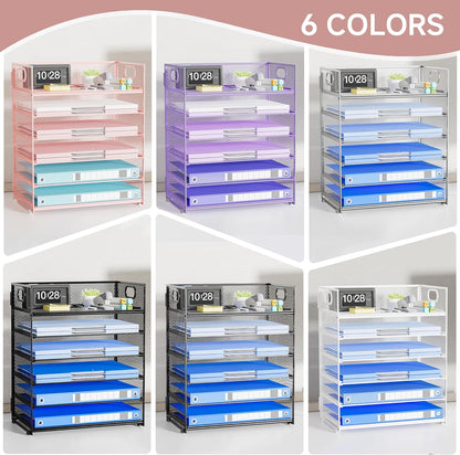 Paper Organizer Letter Tray with Handle, 5-Tier Black Stackable Desk Organizer with Metal Mesh, Sturdy Paper Tray for Office Desk, Home & Classroom Supplies Storage