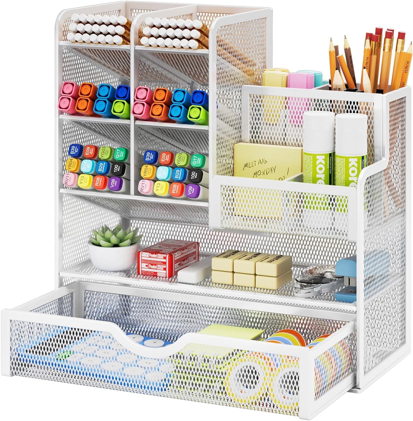 Marbrasse Mesh Pen Holder for Desk, Multi-Functional Pencil Organizer with Drawer, Desk Organizers and Accessories for Office Art Supplies (Black)