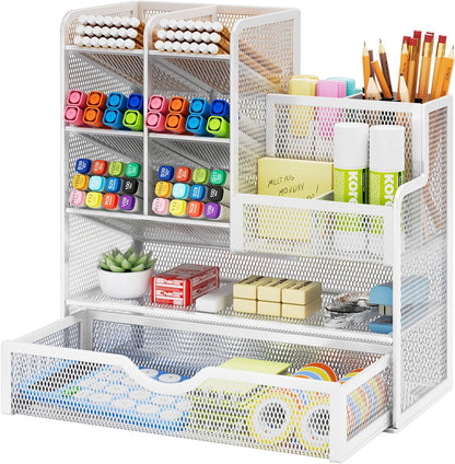 Marbrasse Mesh Pen Holder for Desk, Multi-Functional Pencil Organizer with Drawer, Desk Organizers and Accessories for Office Art Supplies (Black)